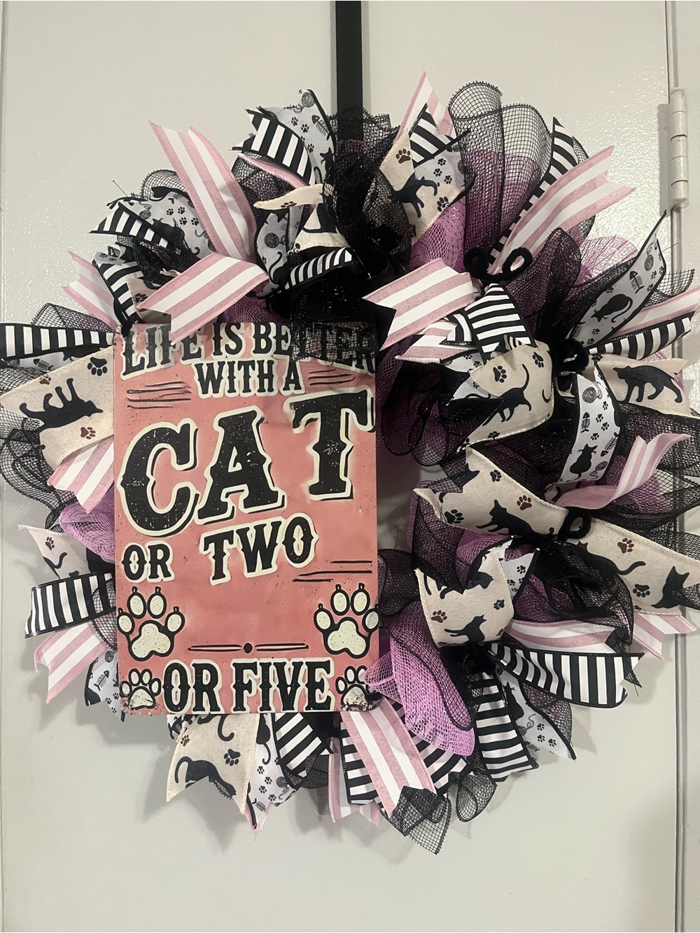 Hand Crafted Pink, Black & Cream Cat Decorative Wreath